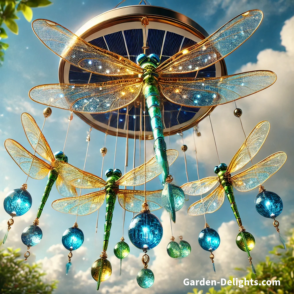 solar powered dragonfly wind chimes with colorful LED lighting on deck, outdoor solar lights, LED night light for outdoor.